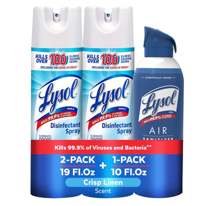 Lysol-bondel wat x2 Lysol-ontsmettingsmiddelsproei vir Harde en Sagte Oppervlakke, Crisp Linen, 538 g + Lysol-lugontsmettingssproei, vir Lugontsmetting en Reukuitskakeling, White Linen, 283 g bevat
