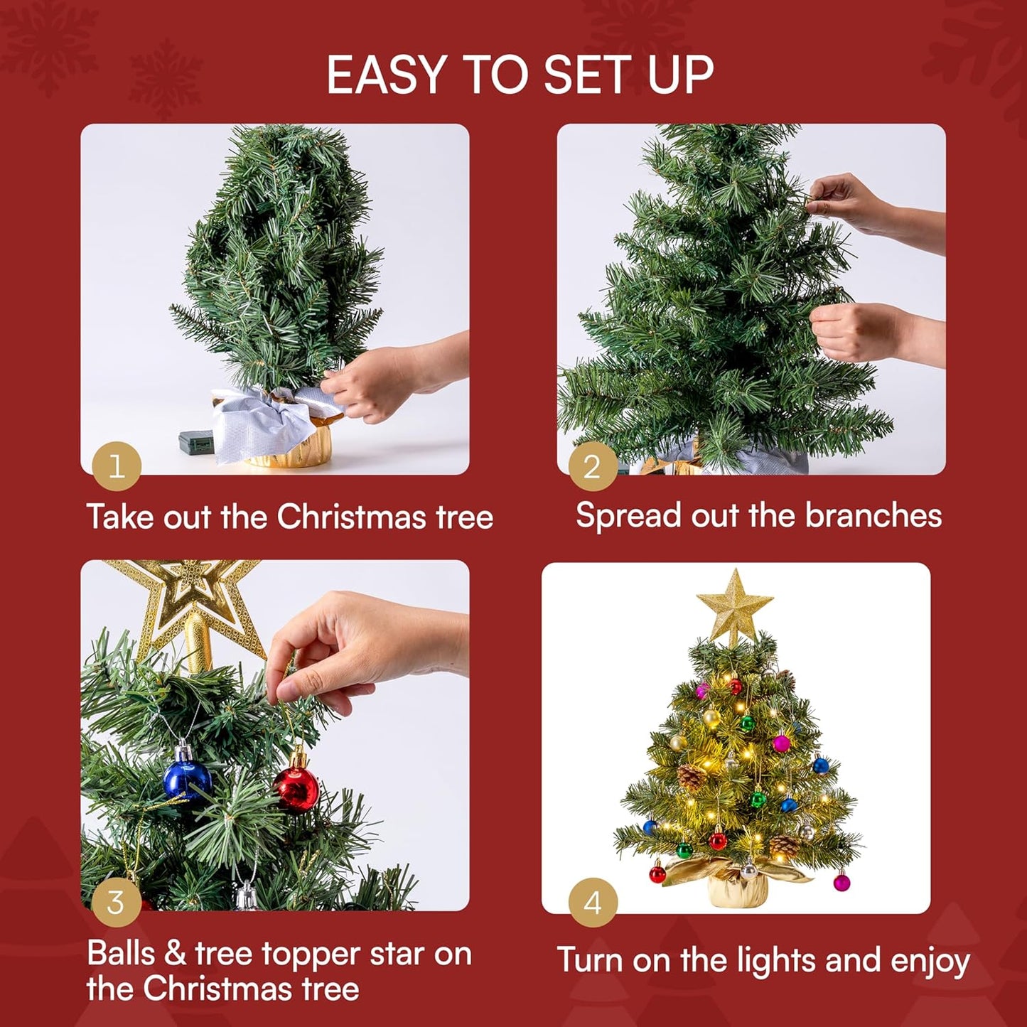 Mini sapin de Noël de table pré-éclairé 24"/60cm avec lumières chaudes, baies de houx, pommes de pin et ornements (doré)