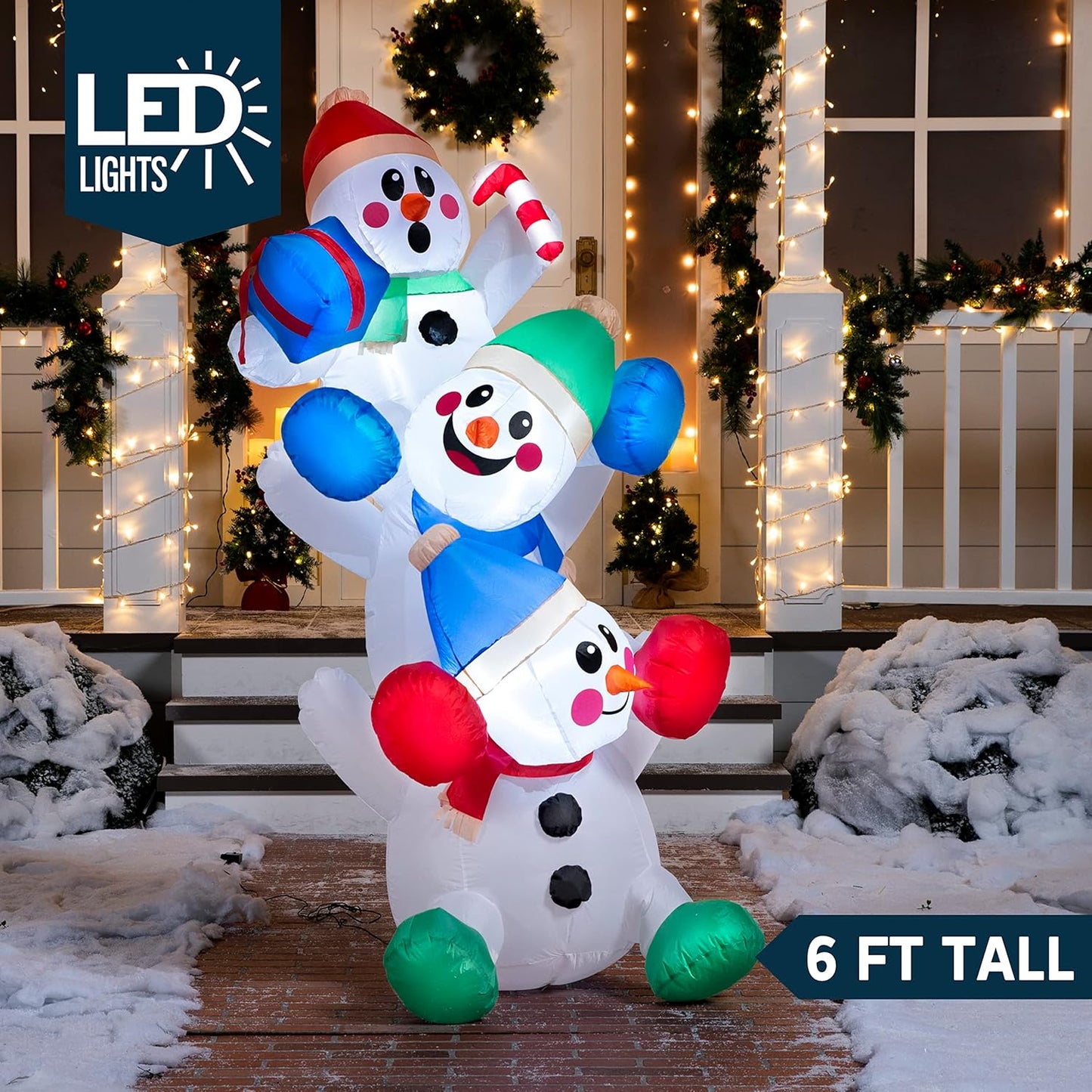 6 FT Christmas Inflatable Decoration Stacked Snowman w/ Build-in LEDs Blow Up Inflatables Décor