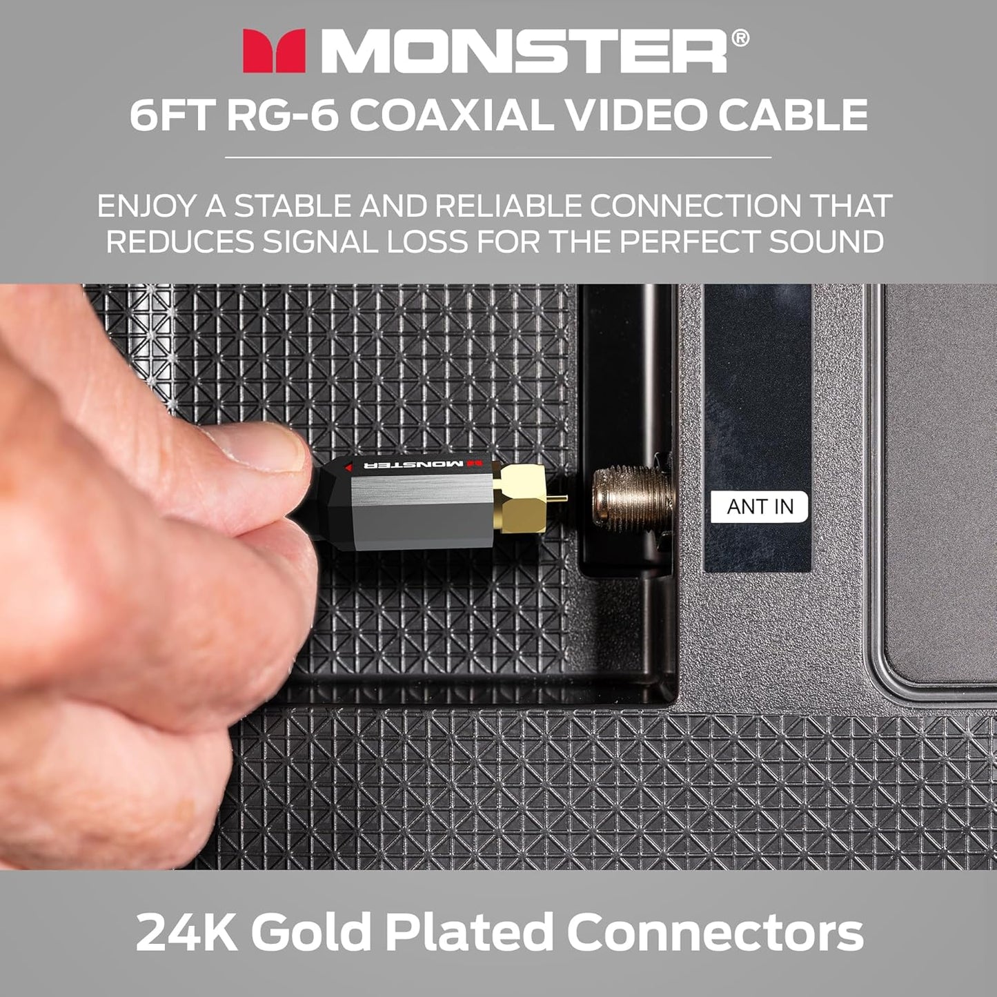 Monster Essentials RG-6 Koaksiaalkabel met Vergulde F-pen-koaksiaalkabelaansluiting - Hoëspoed-internetkabel met Duraflex-omhulsel en Metaalafskerming, 1.8 m