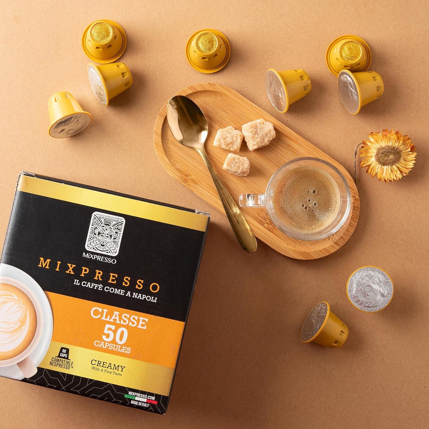 Mixpresso Classe Koffie-Espresso Kapsules Versoenbaar Met Nespresso Oorspronklike Brouers, Enkelkoppie Koffiepeule 100% uit Italië, Medium Gebraaide 80% Arabica Espresso, 50 Tellings Koffiekapsule Intensiteit 8/12