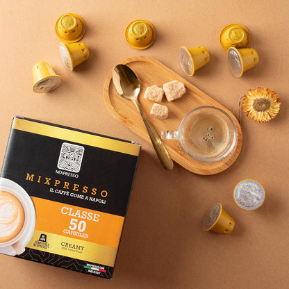 Mixpresso Classe Koffie-Espresso Kapsules Versoenbaar Met Nespresso Oorspronklike Brouers, Enkelkoppie Koffiepeule 100% uit Italië, Medium Gebraaide 80% Arabica Espresso, 50 Tellings Koffiekapsule Intensiteit 8/12