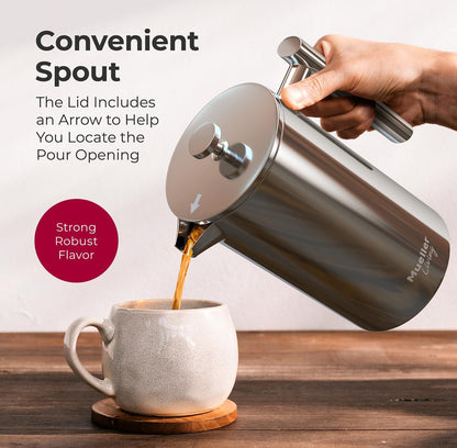 Druk-Koffiemaker 1L, Vlekvrye Staal, 4 Filters Hittebestande Dubbel Geïsoleerd, Roesvry, Voedselgraad, Skottelgoedwasser Veilig