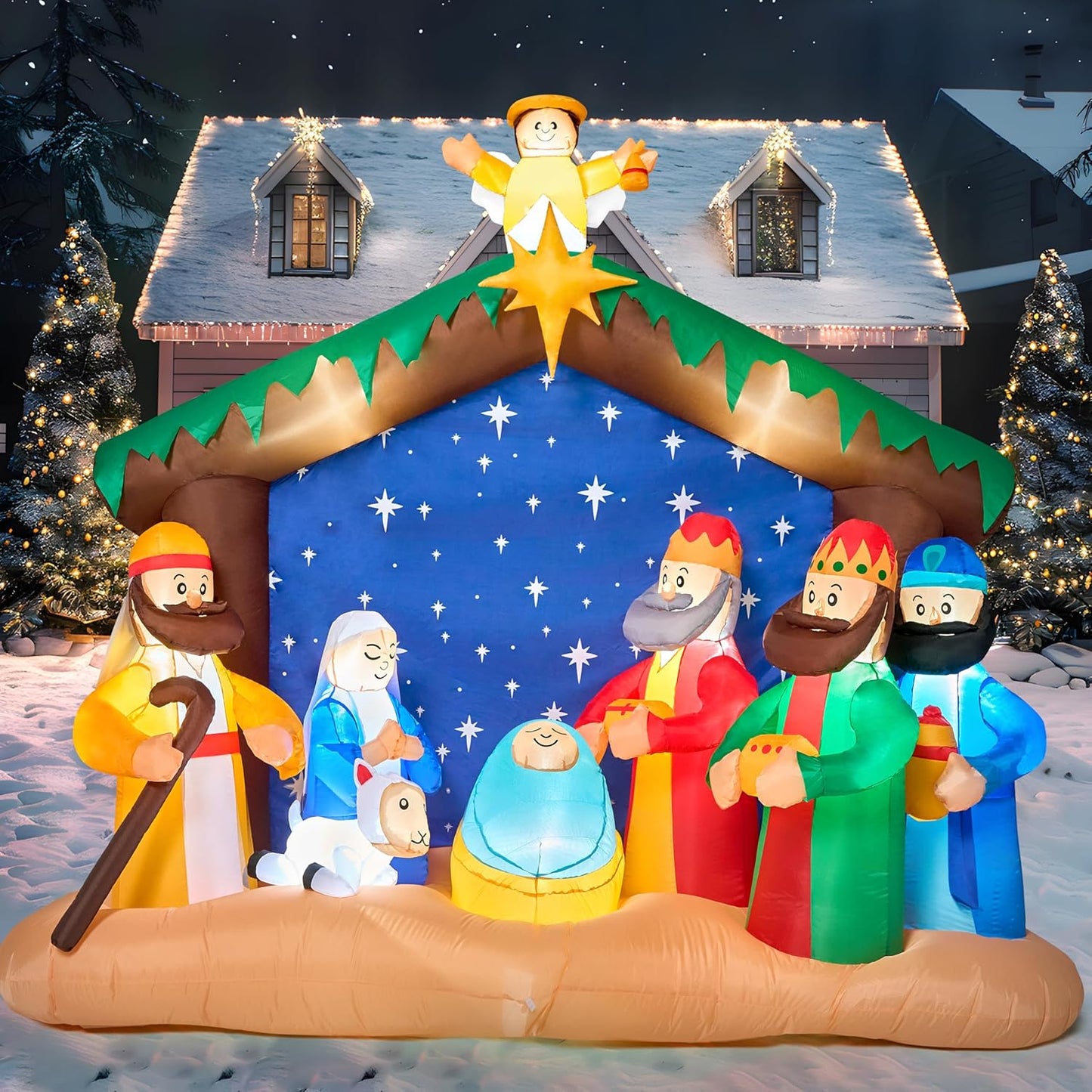 Joiedomi Kersfees Opblaas Nativity Toneel, Kersfees Opblaas Nativity Stel met Ingeboude LED's vir Kersfees Partytjie Werf Buiten Binnenshuise Tuin Grasperk Dekor