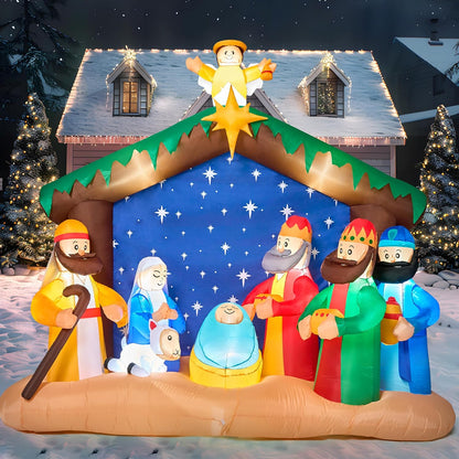 Joiedomi Kersfees Opblaas Nativity Toneel, Kersfees Opblaas Nativity Stel met Ingeboude LED's vir Kersfees Partytjie Werf Buiten Binnenshuise Tuin Grasperk Dekor