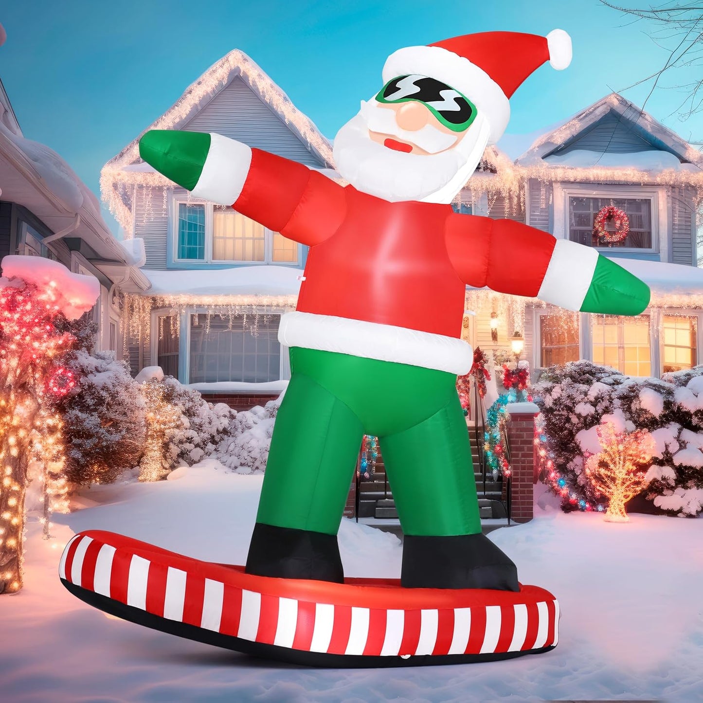 (6FT) Tall Christmas Inflatables Decorations Snowboarding Santa, Blow Up Yard Build-in LED Decor