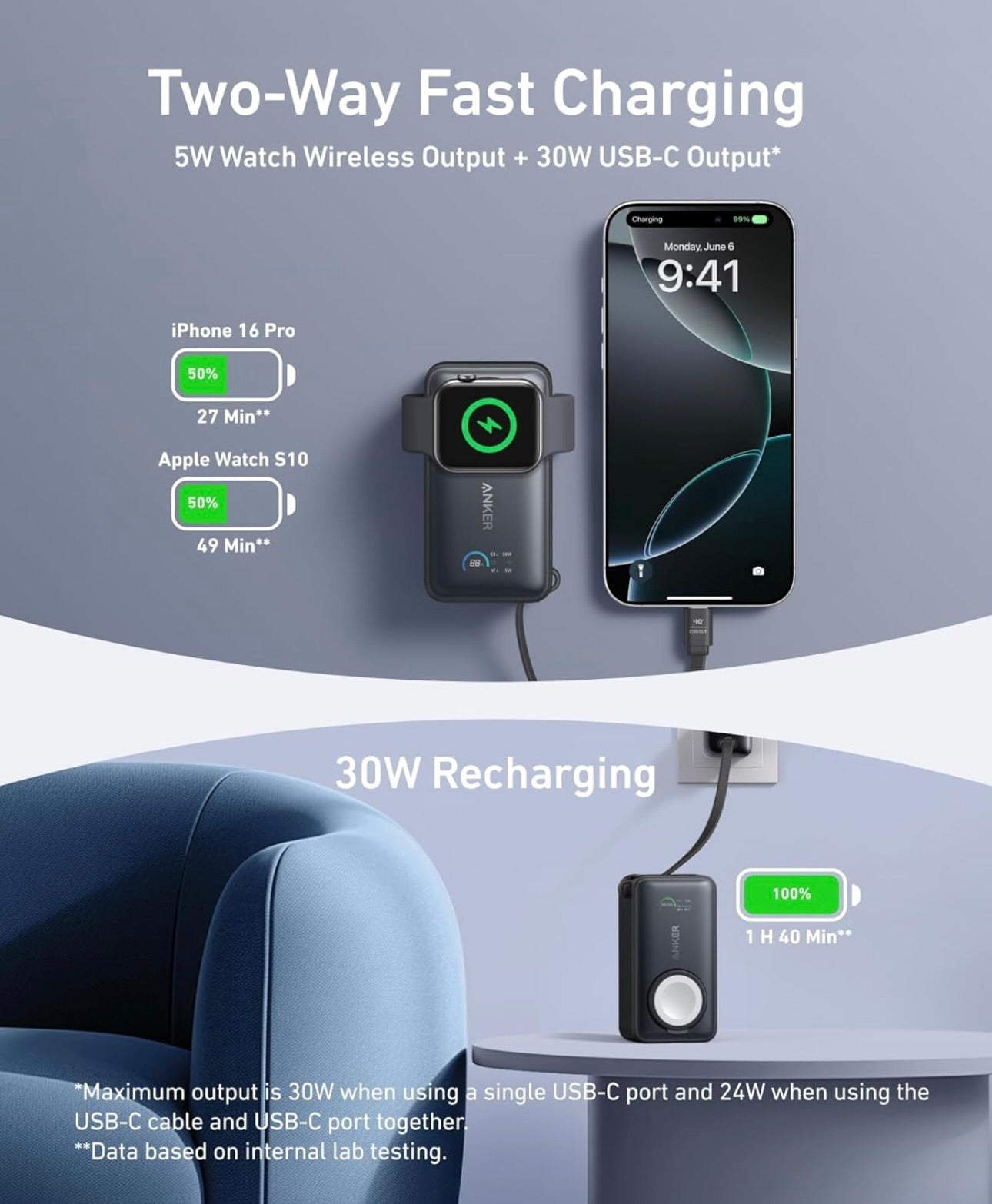 Anker MagGo Power Bank for Apple Watch, Officially Certified, 10,000 mAh Compact Battery - Black