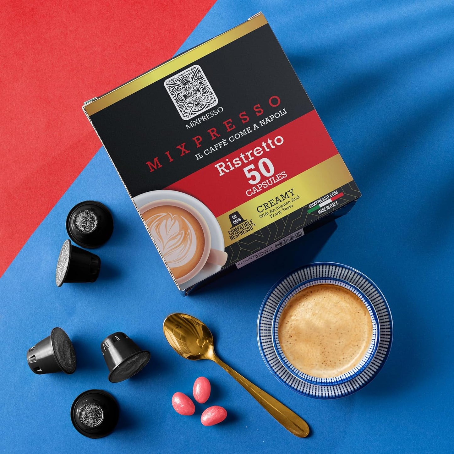 Mixpresso Koffie Ristretto Espresso Kapsules Versoenbaar Met Nespresso Oorspronklike Brouers, Enkel Koppie Koffie Peule 100% uit Italië Donkerbraai 80% Arabica Espresso, 50 Stuk Koffie Kapsule Intensiteit 12/12