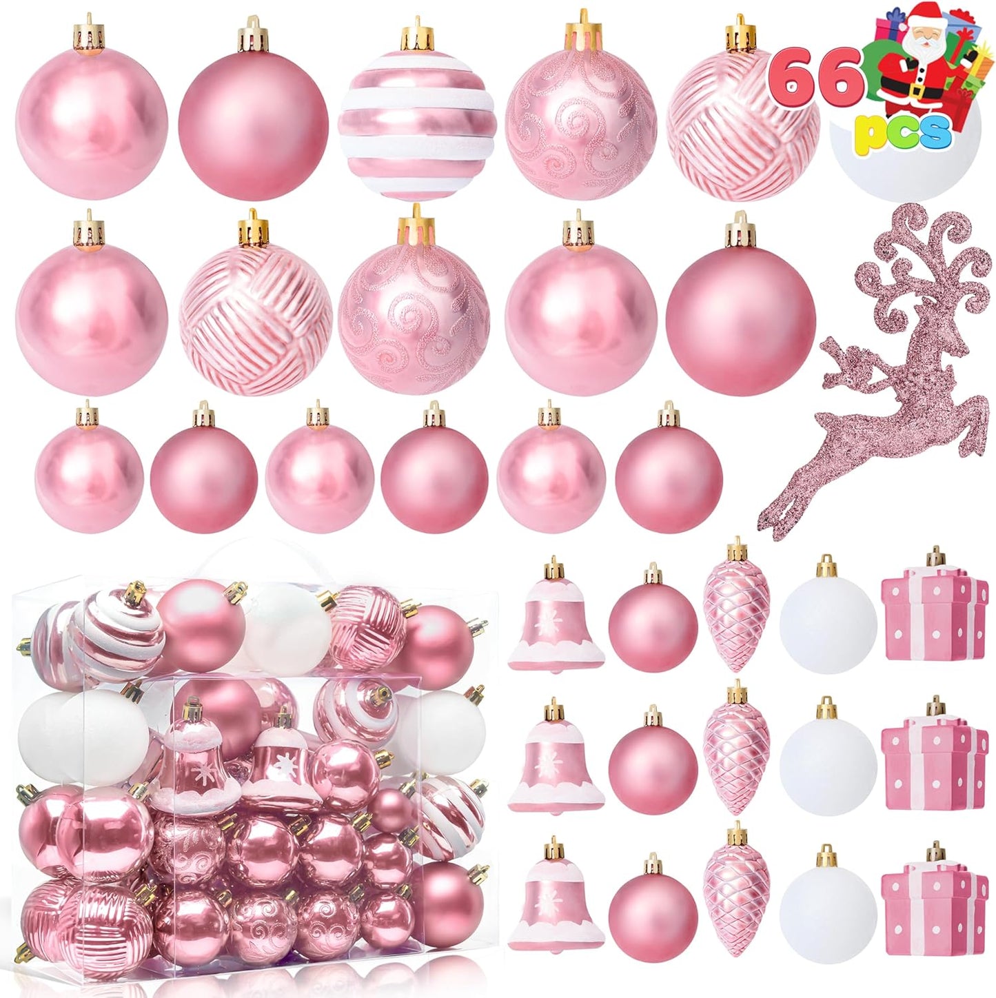 (66 PCS) Christmas Balls Ornaments Set, Pink Shatterproof Plastic Christmas Tree Ornaments Decoration