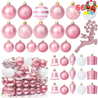 (66 PCS) Christmas Balls Ornaments Set, Pink Shatterproof Plastic Christmas Tree Ornaments Decoration