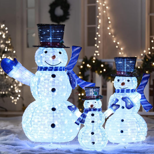 3 STUKE 3D Kersfees Opvoubare Sneeuman Tuinlig 270 Voorafverligte LED Koele Wit Liggie - Blou Serp