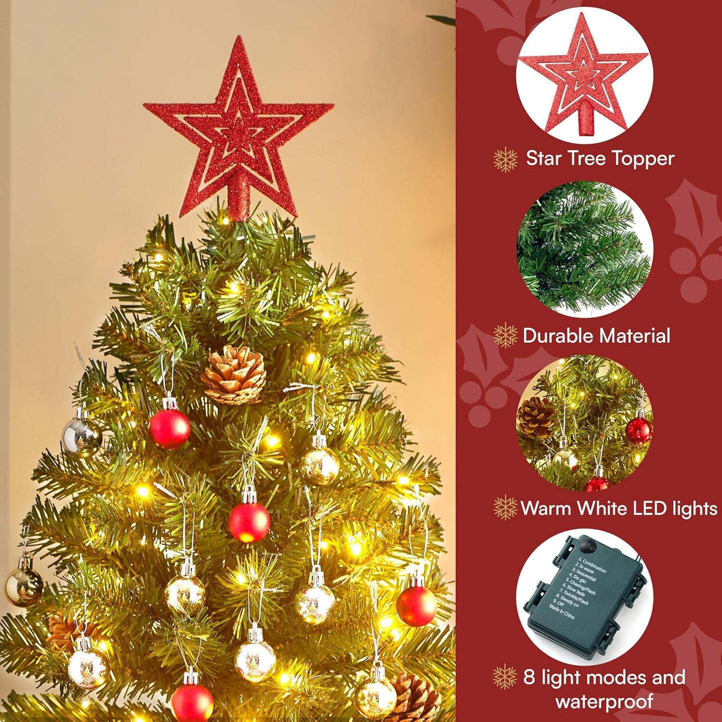 24 Duim/2VT Tafelblad Mini Kersfees Voorafbeligte Versiering, Kunsmatige LED-stringligte en Ornamentversiering