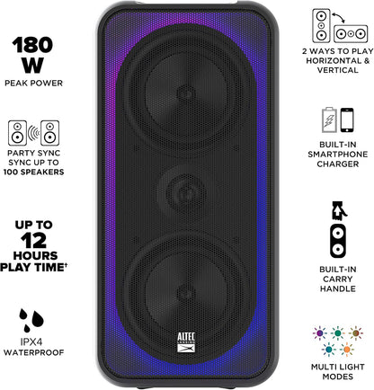 Altec Lansing Shockwave 200 Draadlose Partytjie Luidspreker 180W Bluetooth Luidspreker met 'n Langdurige 12 Uur Battery, Multi LED Partytjie Modes, Verskeie Basversterking Modes, Partytjie Sinkronisasie, AM/FM Radio