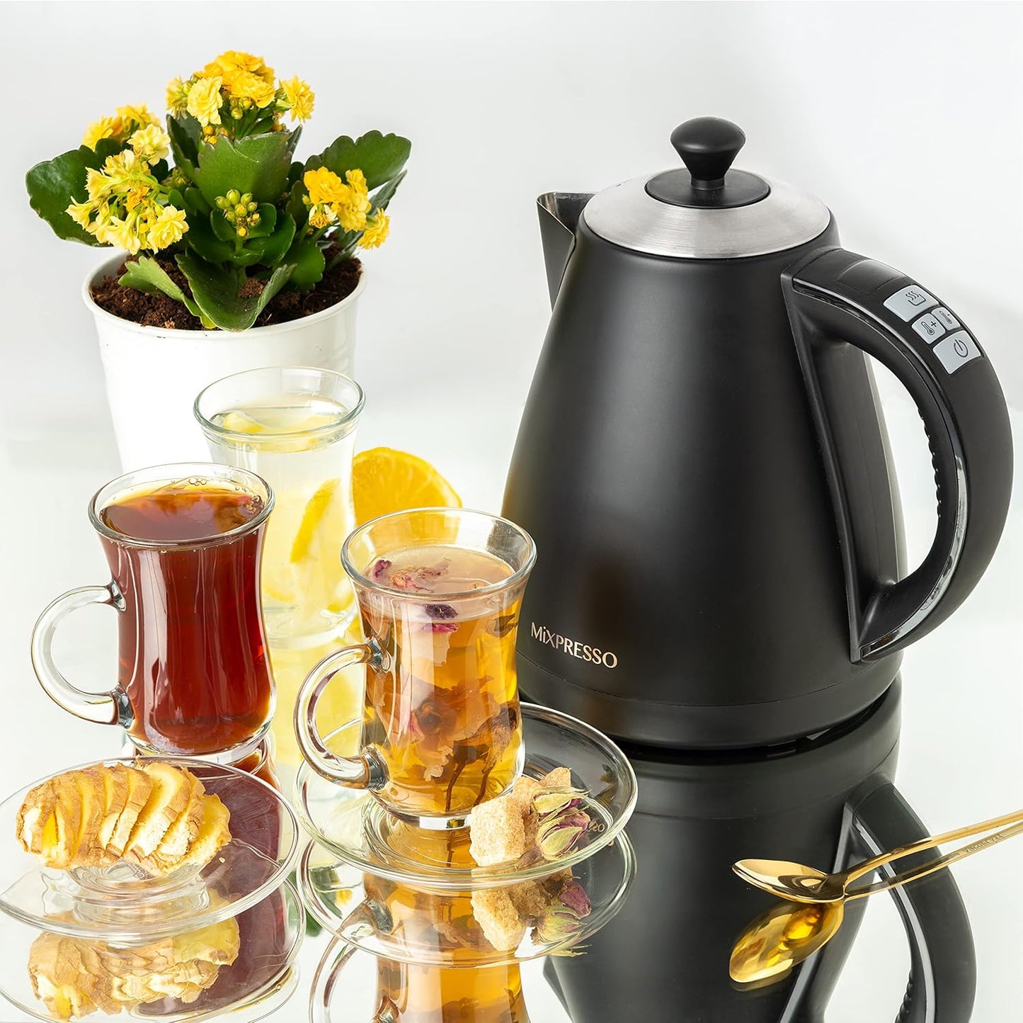 Mixpresso elektriese ketel met temperatuurbeheer, warmwaterketel elektries, koordloos, 1 liter-kapasiteit, hou warm- en LED-aanwyser, outomatiese afskakeling, droogkookbeskerming, swart elektriese ketel