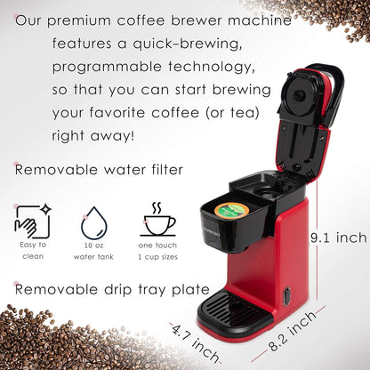 Mixpresso Enkelkoppie Koffiemaker, Persoonlike Enkelbedien-Koffiebroumasjien, Versoenbaar met Enkelkoppies, Vinnige Brou-Tegnologie, Een-Raak Funksie Rooi Koffiemaker, 355ml Enkelkoppie Koffiemaker