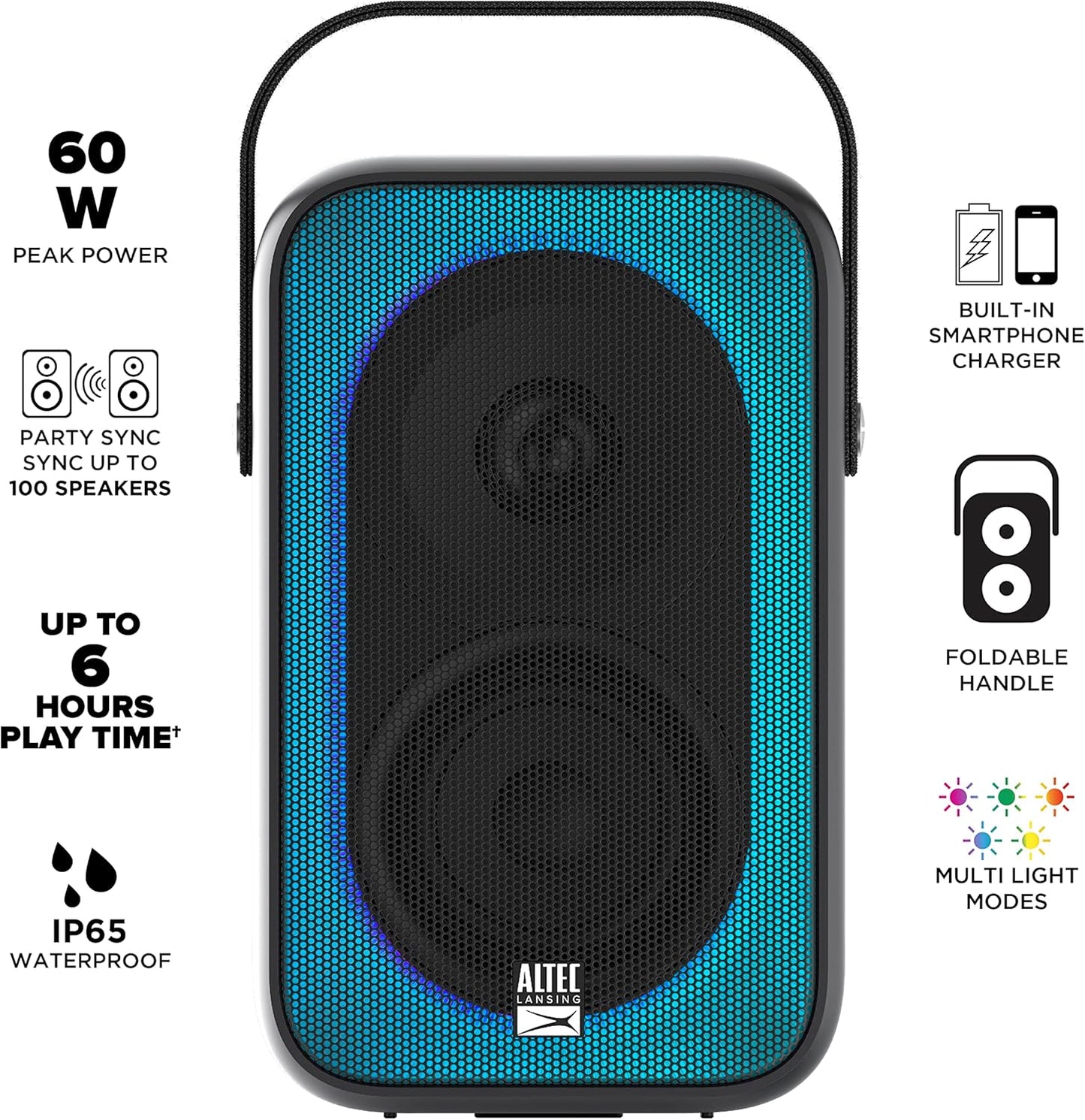 Altec Lansing Shockwave Koordlose Luidspreker 60W Bluetooth-luidspreker met 'n Langdurige 6 Uur Battery, Multi LED Partymodusse, Veelvuldige Basversterkingsmodusse, Partytjie Sinkronisering