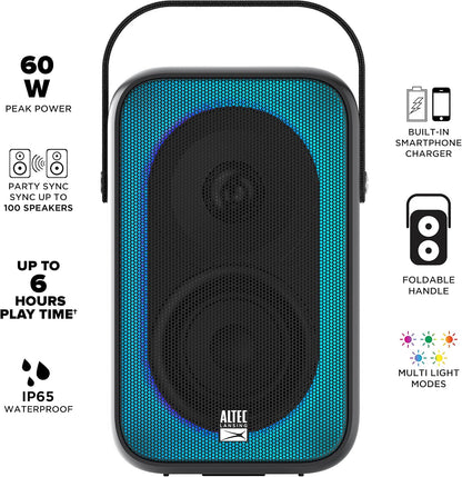 Altec Lansing Shockwave Koordlose Luidspreker 60W Bluetooth-luidspreker met 'n Langdurige 6 Uur Battery, Multi LED Partymodusse, Veelvuldige Basversterkingsmodusse, Partytjie Sinkronisering