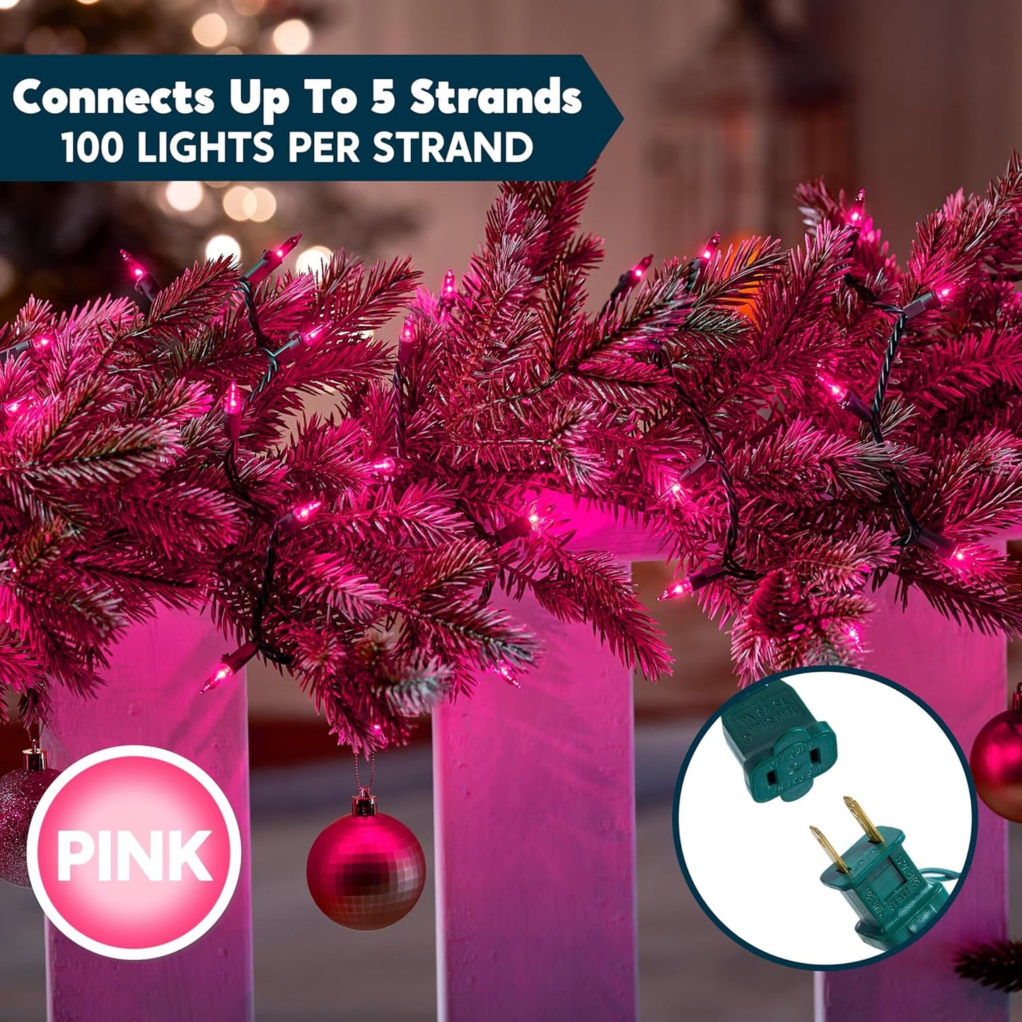 Pink Christmas Lights,42.8FT / 200 Count String Lights - Green Wire for Decorations