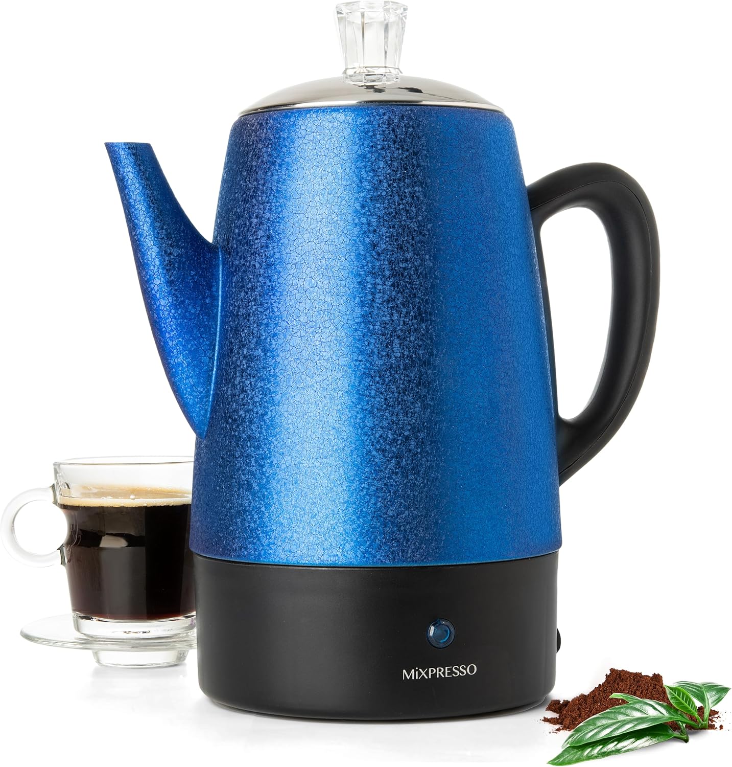 Mixpresso 10 Koppie Elektriese Perkolator Koffiepot, Vlekvrye Staal Elektriese Koffieperkolator Met Warmhoufunksie, Klassieke Perkolatorpot Met Verwyderbare Mandjie vir Huis of Kantoor - Blinkblou