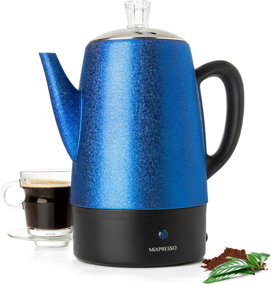 Mixpresso 10 Koppie Elektriese Perkolator Koffiepot, Vlekvrye Staal Elektriese Koffieperkolator Met Warmhoufunksie, Klassieke Perkolatorpot Met Verwyderbare Mandjie vir Huis of Kantoor - Blinkblou