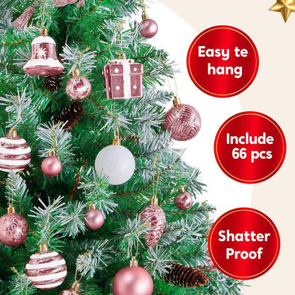 (66 PCS) Christmas Balls Ornaments Set, Pink Shatterproof Plastic Christmas Tree Ornaments Decoration