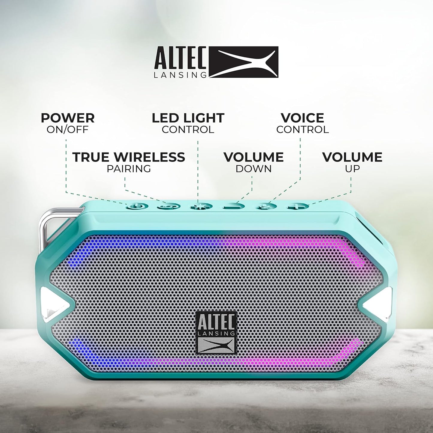 Altec Lansing - HydraMini Draadlose Bluetooth-luidspreker, IP67 Waterdigte USB C Herlaaibare Battery met 6 Uur Speeltyd, Kompak, Skokbestand, Sneeubestand, Allesbestand (Mintgroen)