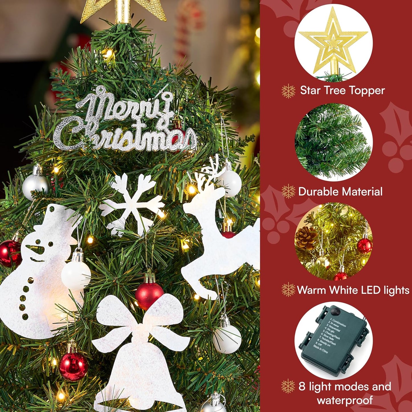 24"/2FT Small Christmas Tree w/ Lights Star Tree Top and Ornaments - Battery Operated Pre-lit