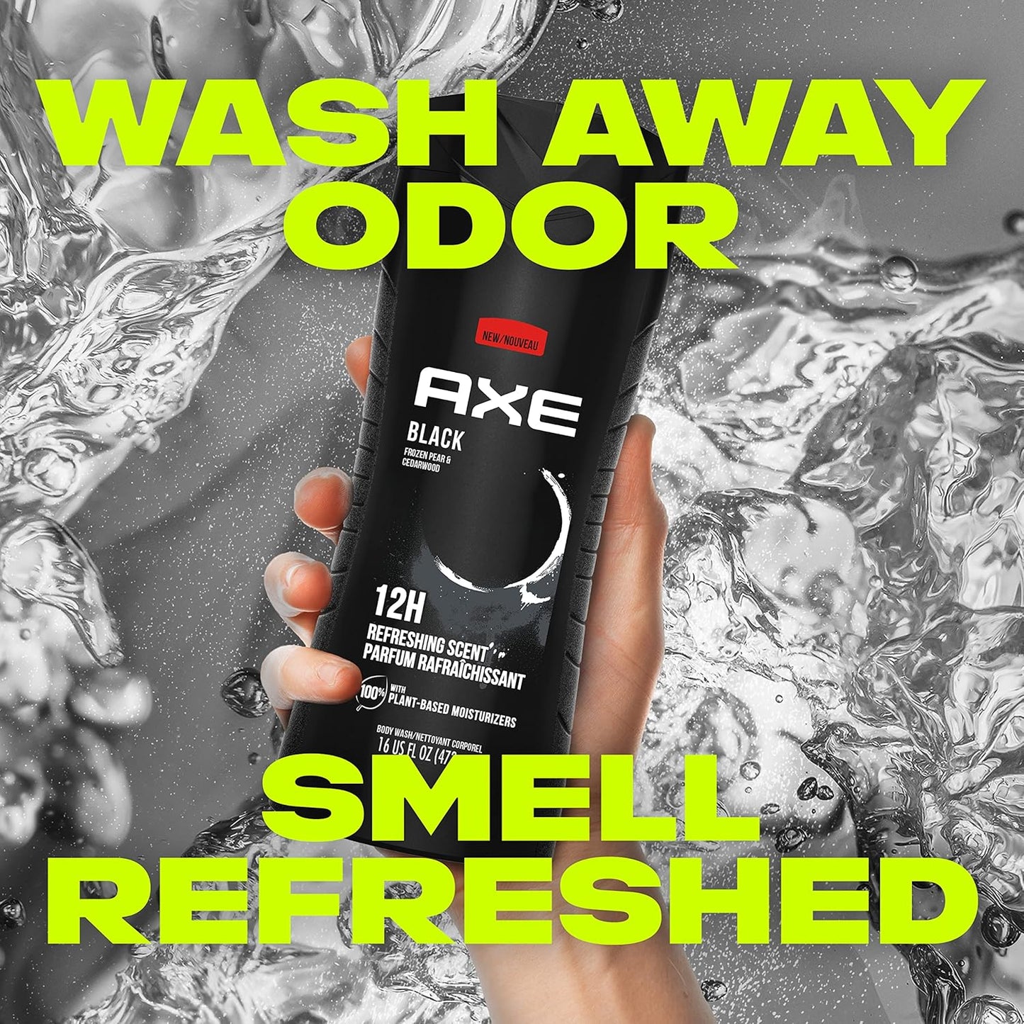 AXE Body Wash 12h Refreshing Scent Cleanser Black Frozen Pear and Cedarwood Men's Body Wash - 100% Plant-Based Moisturizers (16 oz)