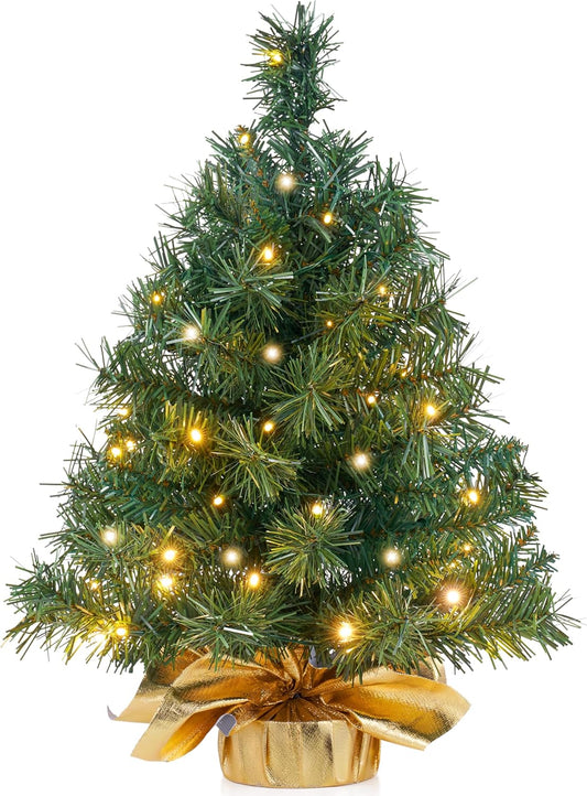 24"/2VT Klein Tafelblad Kersboom met LED Warm Liggieversierings Voorafverlig Kunsmatig