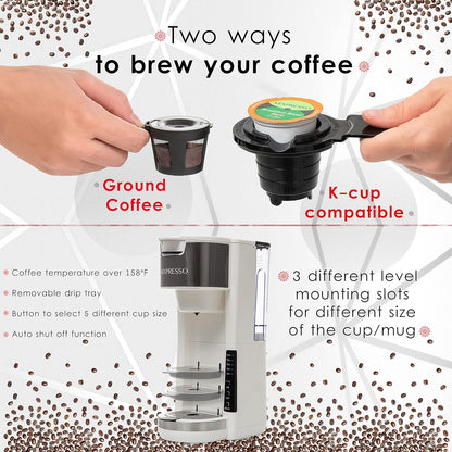 Mixpresso Wit Enkelbedien Koffiebrouer K-Cup Peule Versoenbaar & Gemaal, 30 oz Kompakte Koffiemaker Enkelbedien Met 5 Brougroottes Tot 14 Oz, Pas Reismbeker, Verstelbare Drupbak