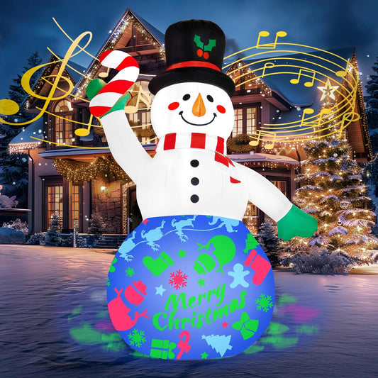 (6 FT) Tall Christmas Snowman Inflatables Snowman with Music and Rotating Colorful Light, Blow Up Decoration