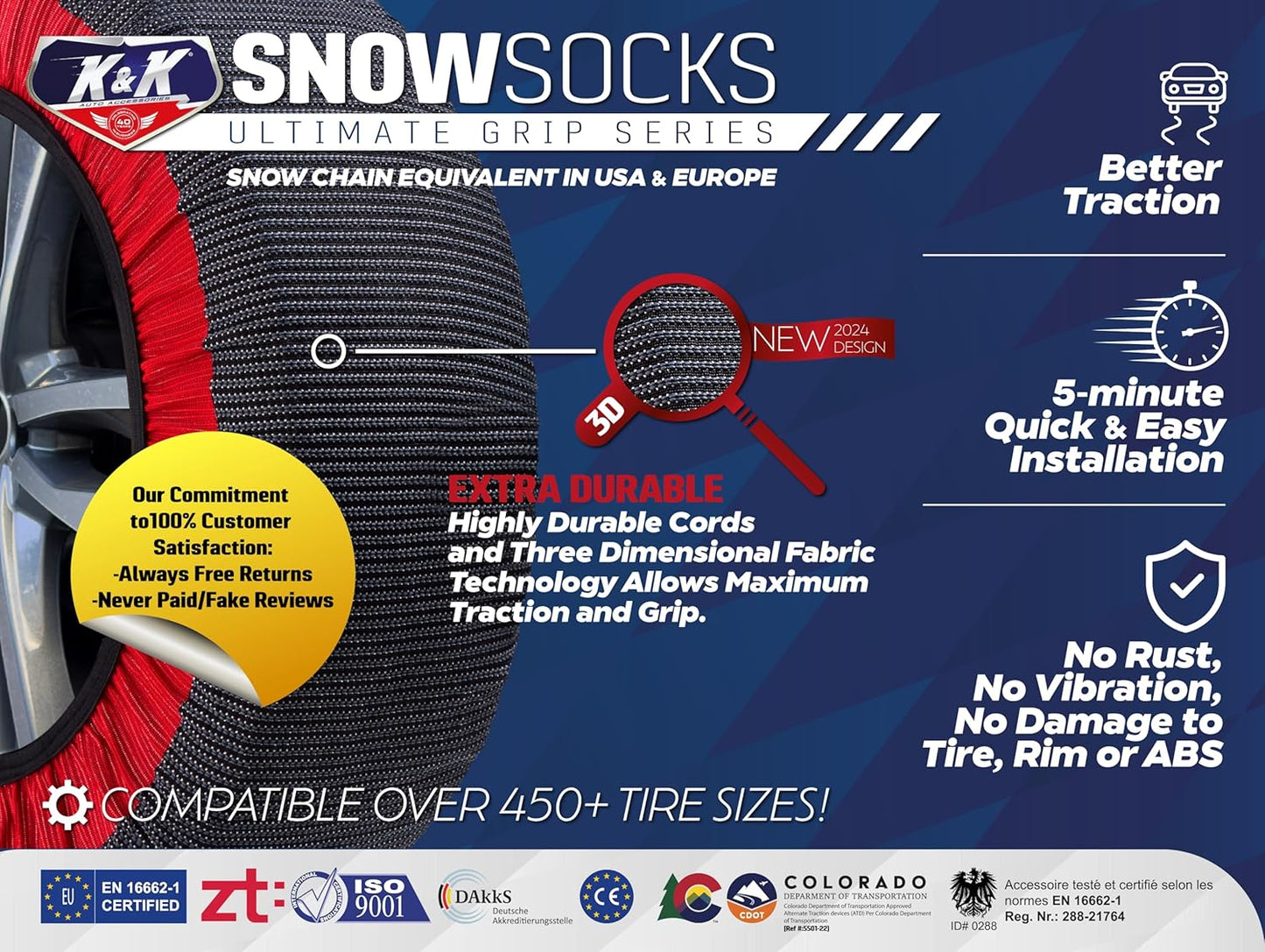 Snow Socks for Tires Pro Series Ultimate Grip Snow Traction Device - Cars/SUVs Winter Emergency (4XLarge)