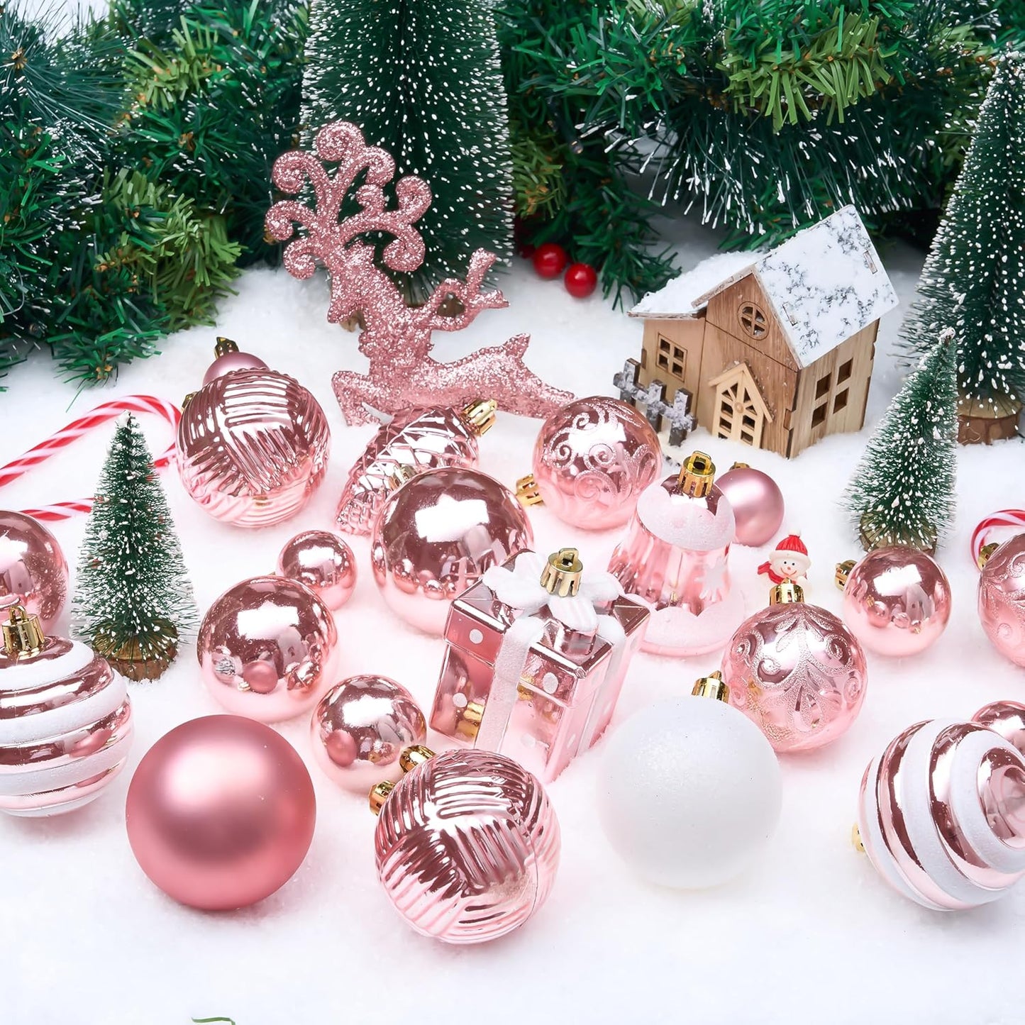 (66 PCS) Christmas Balls Ornaments Set, Pink Shatterproof Plastic Christmas Tree Ornaments Decoration