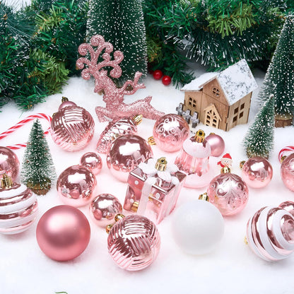 (66 PCS) Christmas Balls Ornaments Set, Pink Shatterproof Plastic Christmas Tree Ornaments Decoration