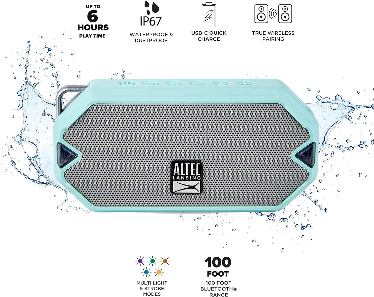 Altec Lansing - HydraMini Draadlose Bluetooth-luidspreker, IP67 Waterdigte USB C Herlaaibare Battery met 6 Uur Speeltyd, Kompak, Skokbestand, Sneeubestand, Allesbestand (Mintgroen)