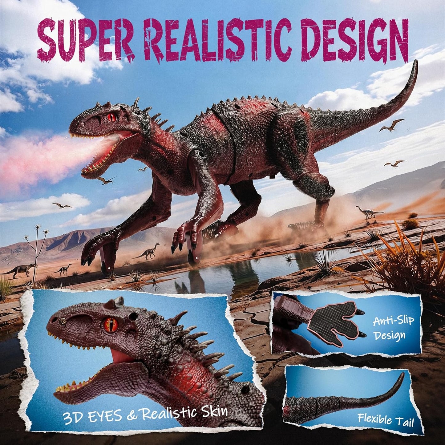 VSM32S Big Dinosaur Toys Remote Control Dinosaur w/ Light and Sounds, Demo Mode, Interactive Dino Jurassic Toys