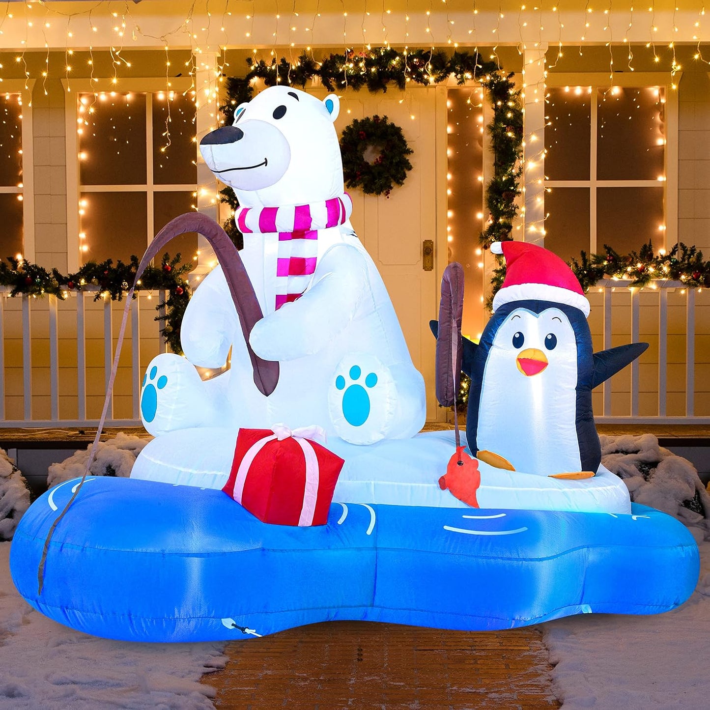 (6FT) Long Christmas Inflatable Polar Bear Fishing w/ Penguin Decoration, Blow Up w/ Built-in LEDs