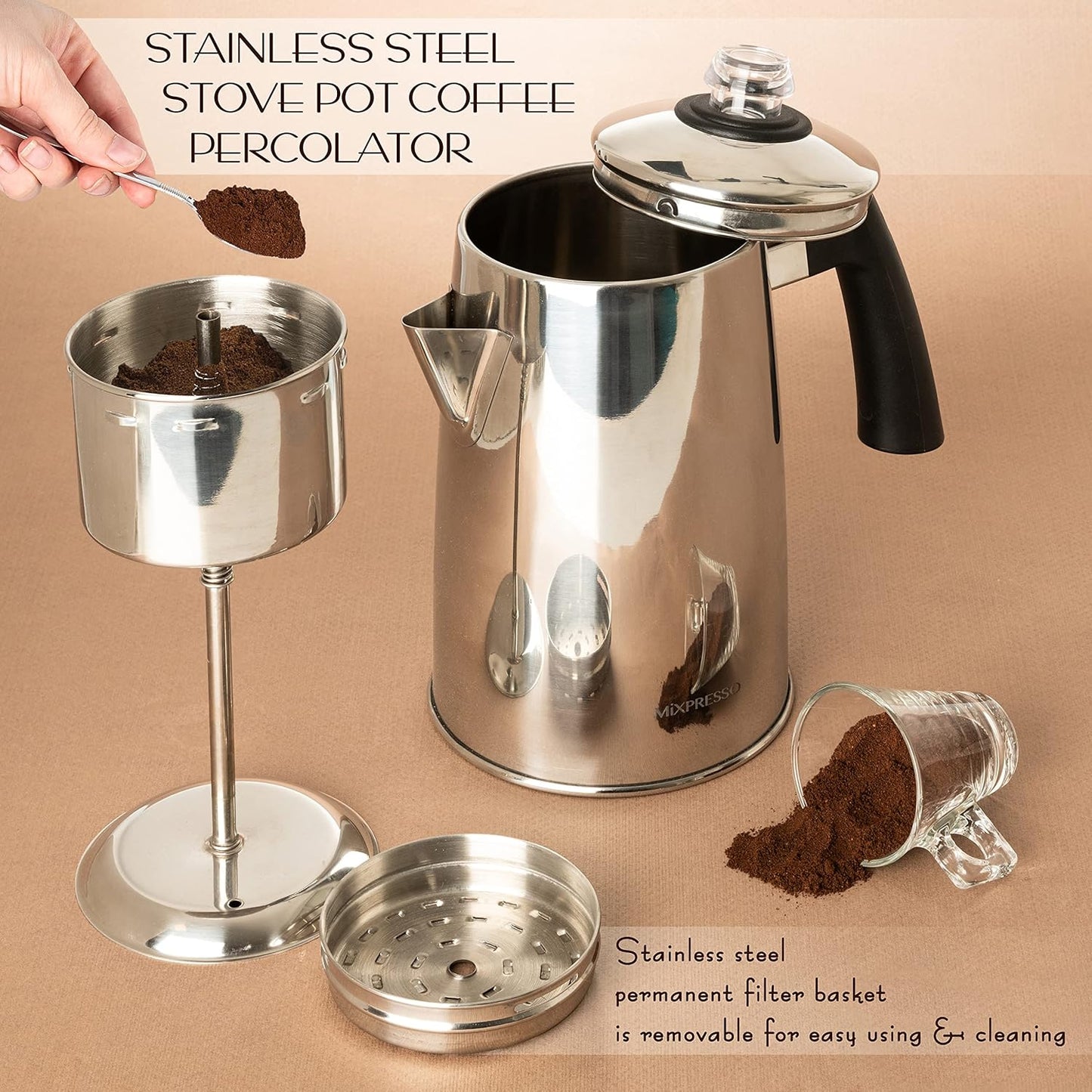 Mixpresso Vlekvrye Staal Koffieperkoleerder Kookplaat, 52 oz Klassieke Perkoleerder-koffiepot, Ideaal Vir Kamp, 12 Koppie Kookplaat-Espressovervaardiger, Koel-aanraakhandvatsel