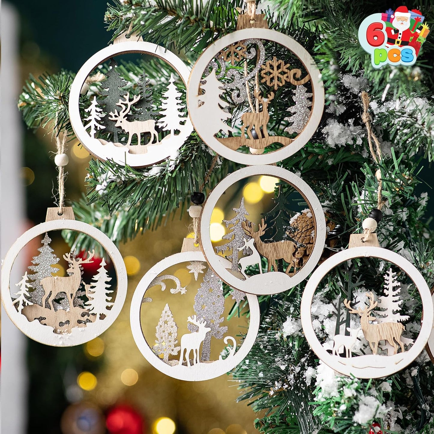 (6PCS) Christmas Wooden Ornaments Farmhouse Rustic Reindeer, Hanging Wood Ornaments - Classic