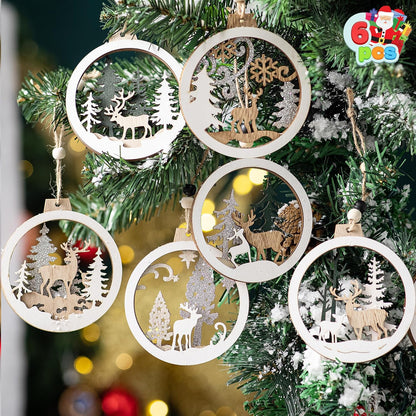 (6PCS) Christmas Wooden Ornaments Farmhouse Rustic Reindeer, Hanging Wood Ornaments - Classic