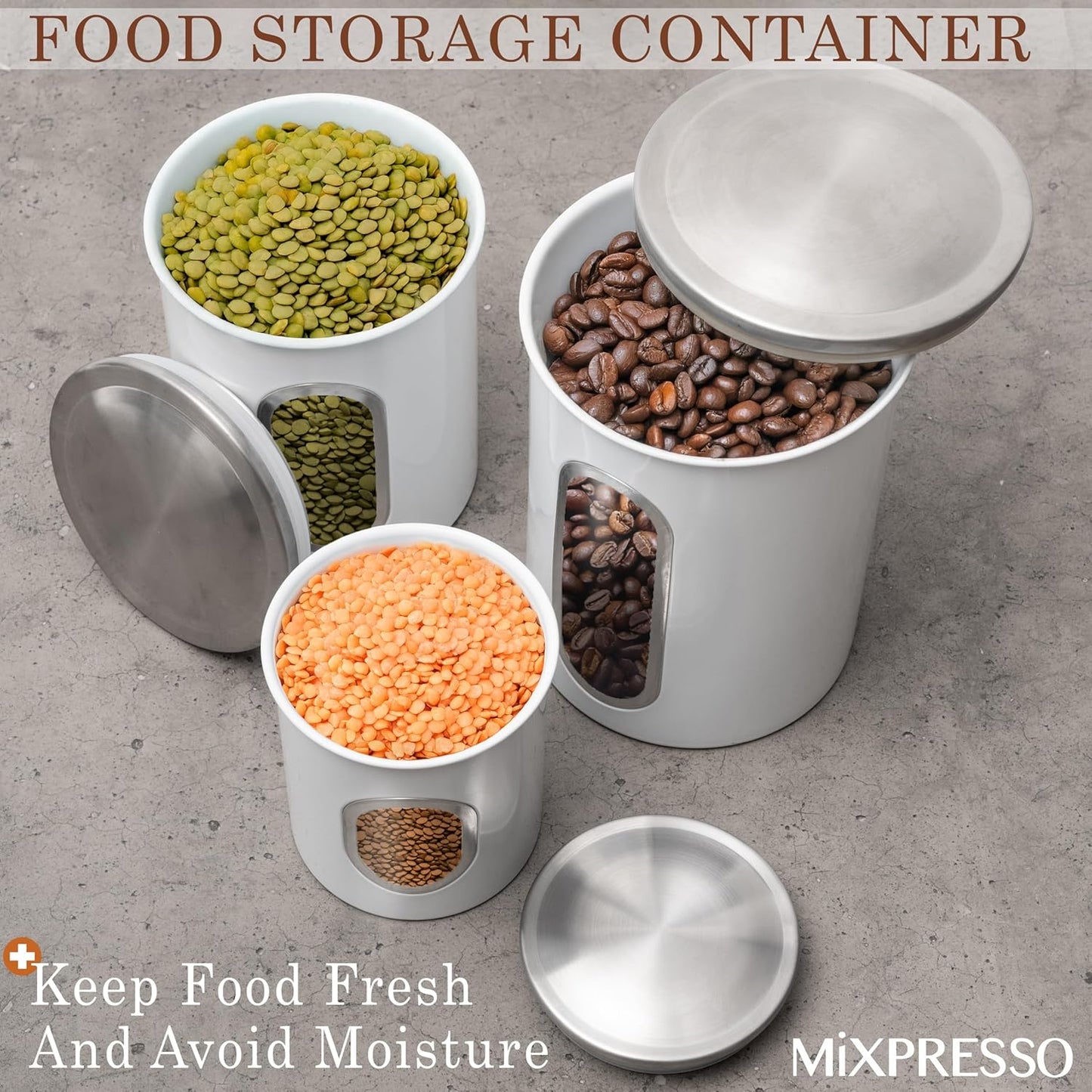 Mixpresso 3-stuk wit houerstelle vir die kombuis, lugdigte houerstel met deursigtige venster, stoorpotte vir koffiehouer, tee-organiseerder en suikerhouer, wit kombuishouers