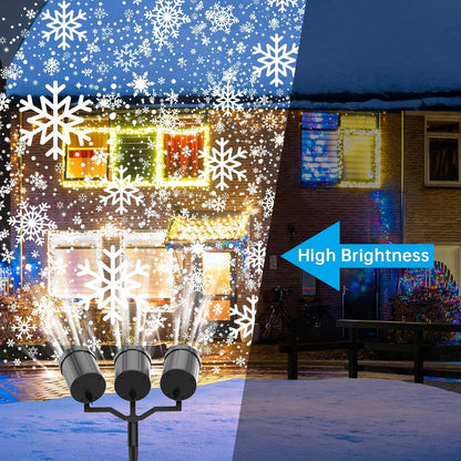 Christmas Three Head Snowflake Projector  Upgraded Multi-Mode 360°Rotating, Waterproof Holiday Decorations - White