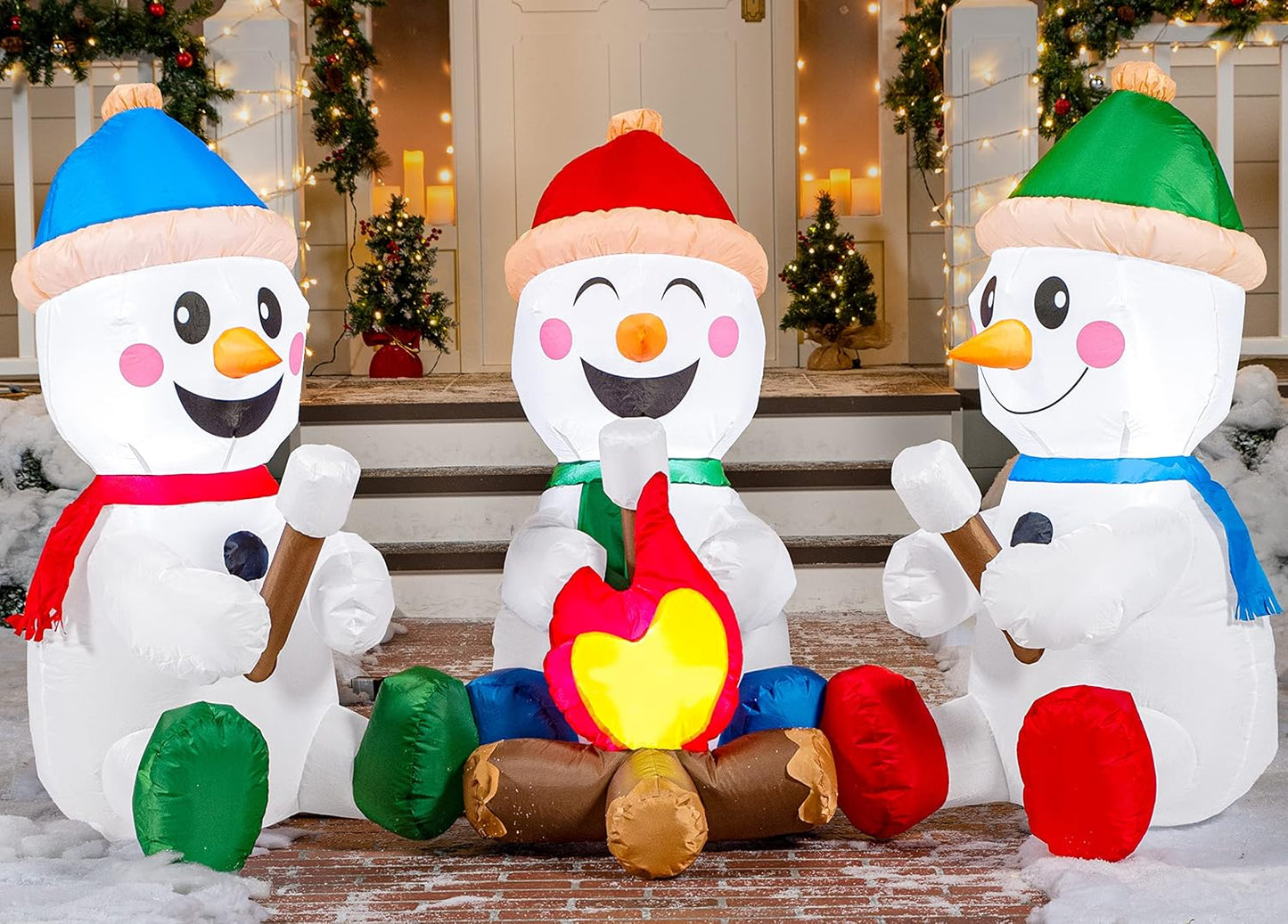 6 FT Long Christmas Inflatable Snowman w/ Campfire, 3 Pack Small Snowman Built-in LEDs Blow Up Yard Decoration