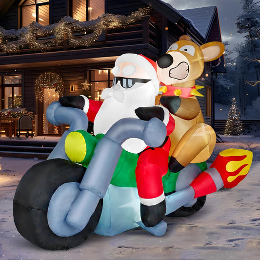 (7FT) Long Christmas Inflatables Inflatable Santa Riding Motorcycle w/ Reindeer, Blow Up Decoration w/ Build-in LED Décor