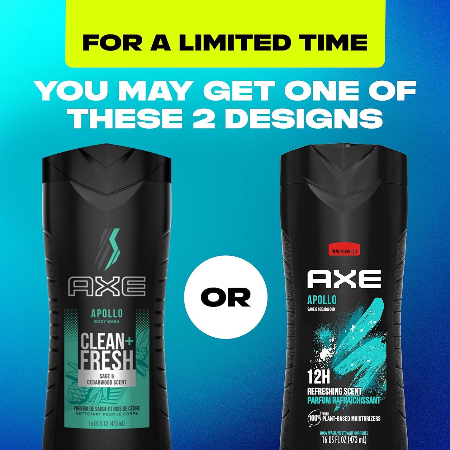 AXE Body Wash Apollo Long Lasting Freshness Sage & Cedarwood Men's Body Wash with Odor-Busting Prebiotics - 16 oz (Pack of 4)