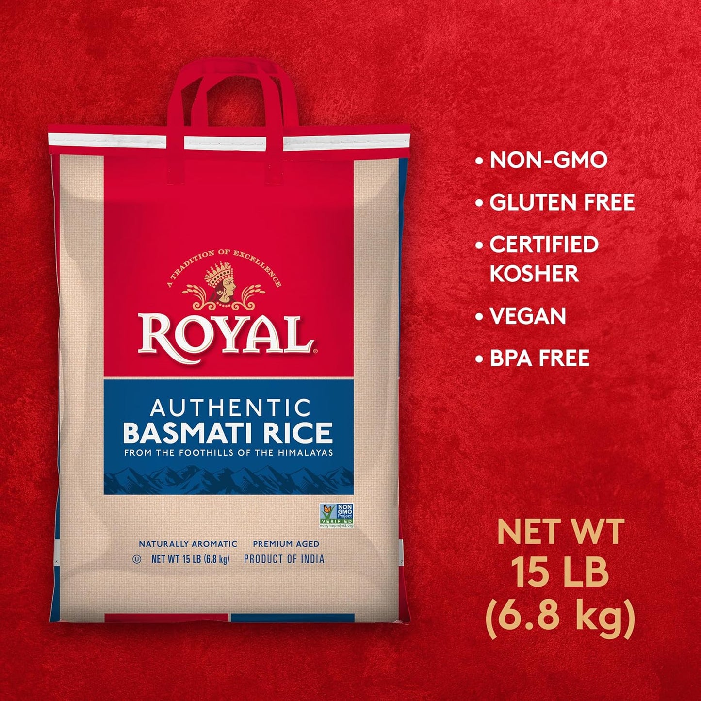 Authentic Royal - Naturally Aged Long Grain Indian White Basmati Rice (15 lbs)