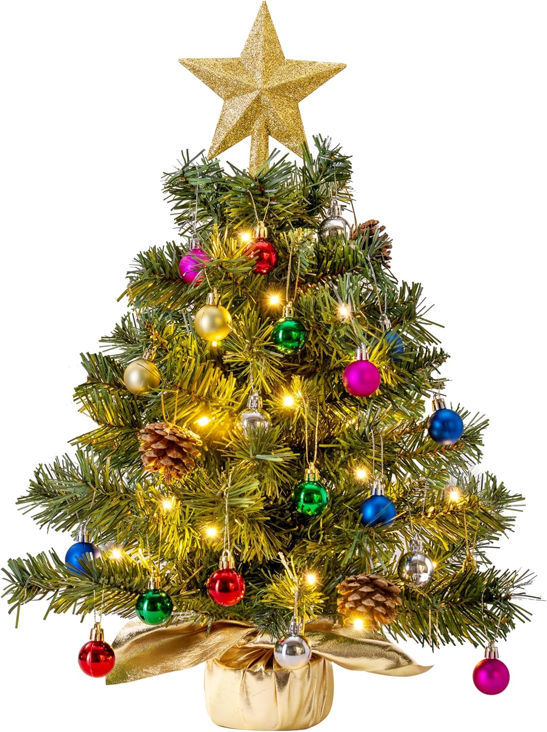 Mini sapin de Noël de table pré-éclairé 24"/60cm avec lumières chaudes, baies de houx, pommes de pin et ornements (doré)
