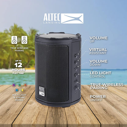 Altec Lansing - HydraMotion Draadlose Bluetooth Luidspreker met 360 Grade Klank, Draagbaar IP67 Waterdig vir Buite, Skokbestand, Sneeubestand, Allesbestand, 12 Uur Speeltyd (Swart)