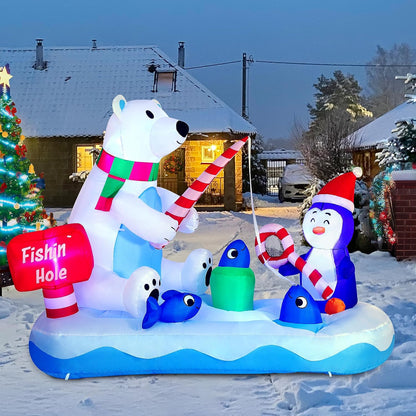 (6FT) Long Christmas Inflatable Penguin & Polar Bear Decoration, Blow Up Yard Fishing Hole Sign w/ Build-in LEDs Decorations