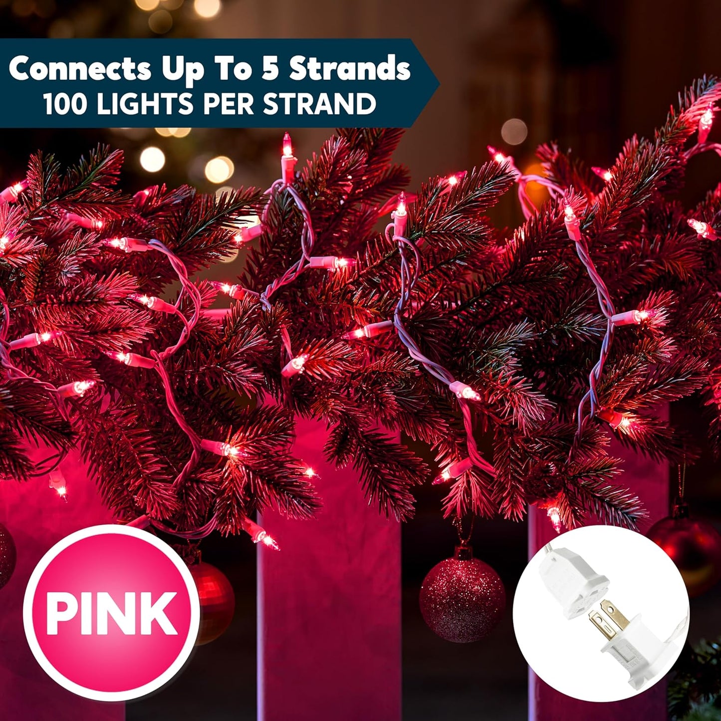Kersfees String Lights Binne 100CT Mini Pienk 21.4 FT Beligtingsdekor - Wit Draad